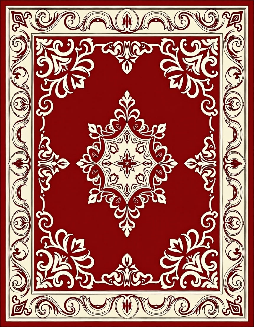 Elegant Red Cream Floral Medallion Rug