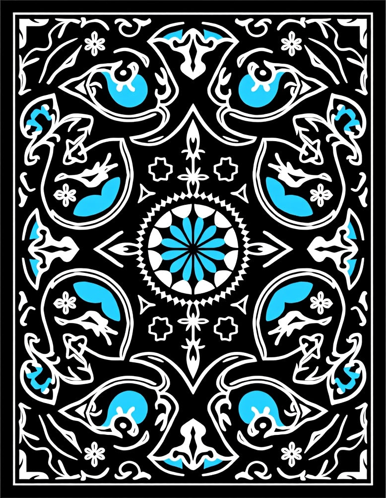 Intricate Teal White Floral Pattern Rug