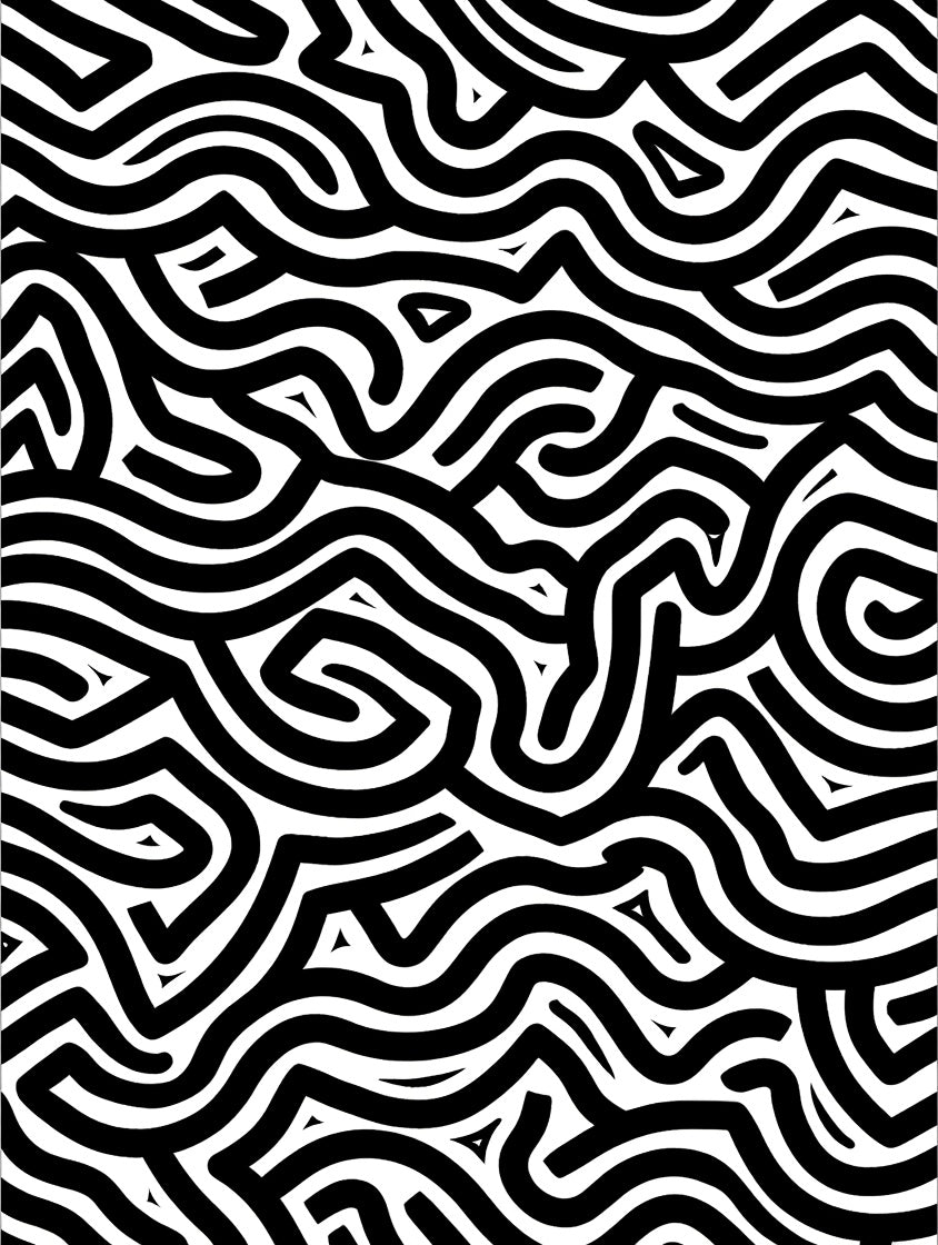 Black White Interlocking Wavy Lines Rug