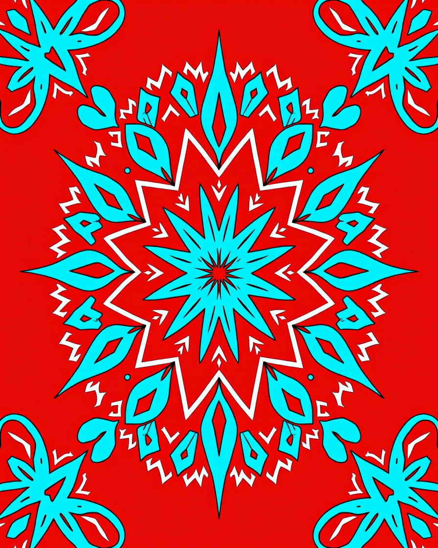 Vibrant Red Teal Snowflake Mandala Design Rug