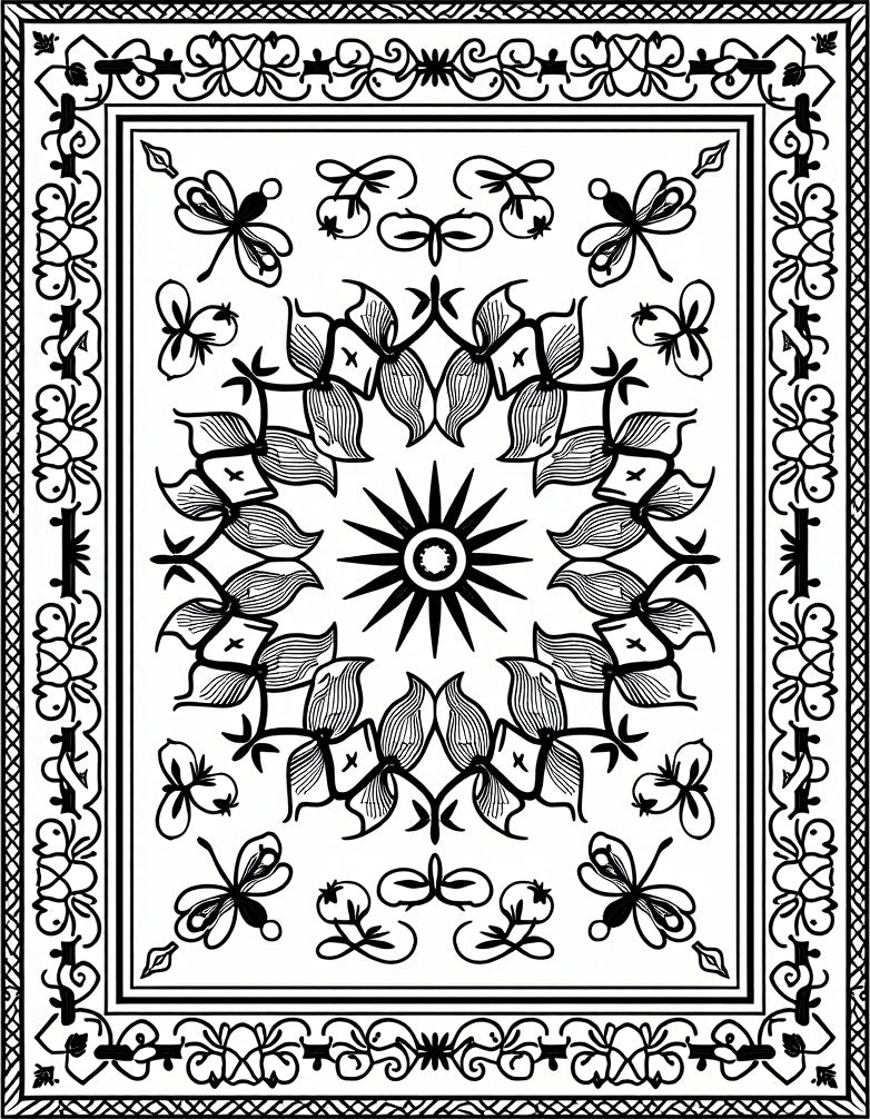Monochromatic Floral Butterfly Mandala Design Rug