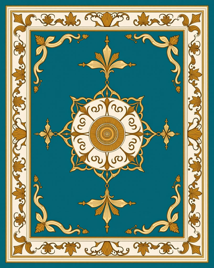 Ornate Teal Gold Floral Border Rug