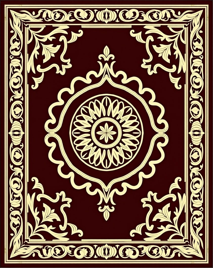 Rich Burgundy Gold Floral Symmetry Rug