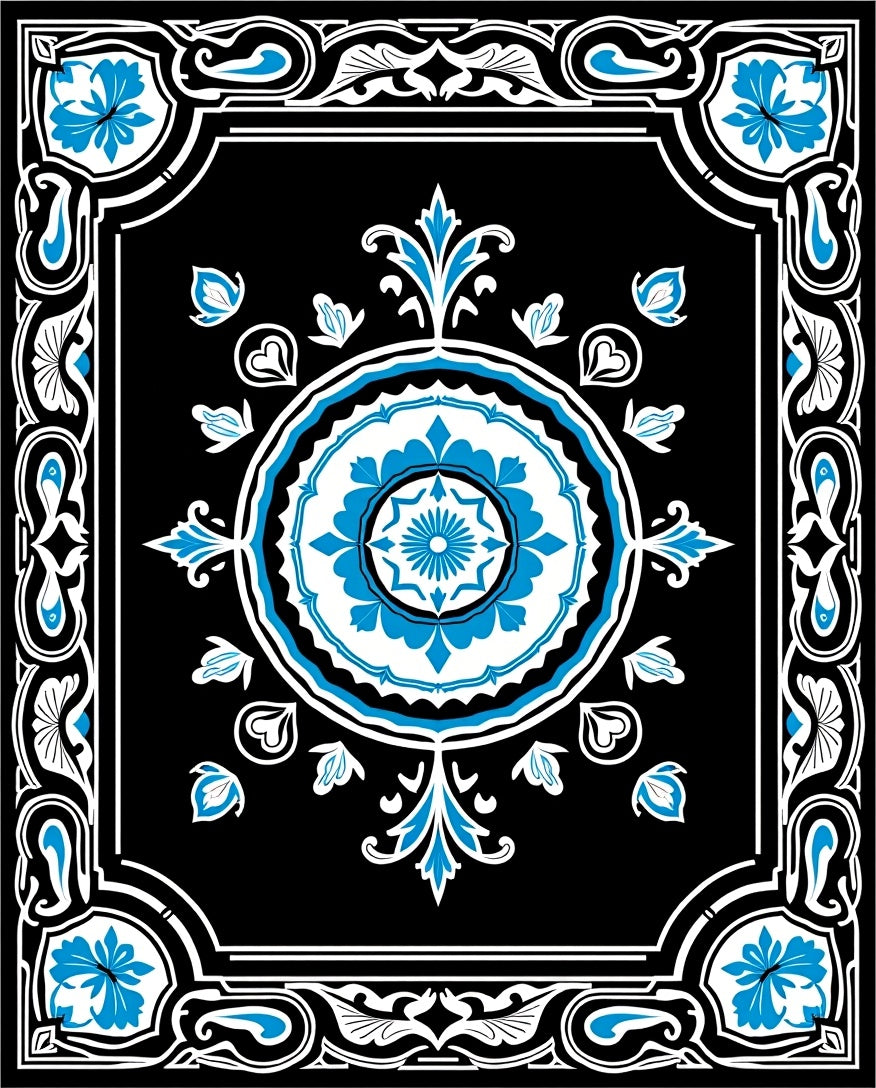 Black Blue Floral Mandala Pattern Rug