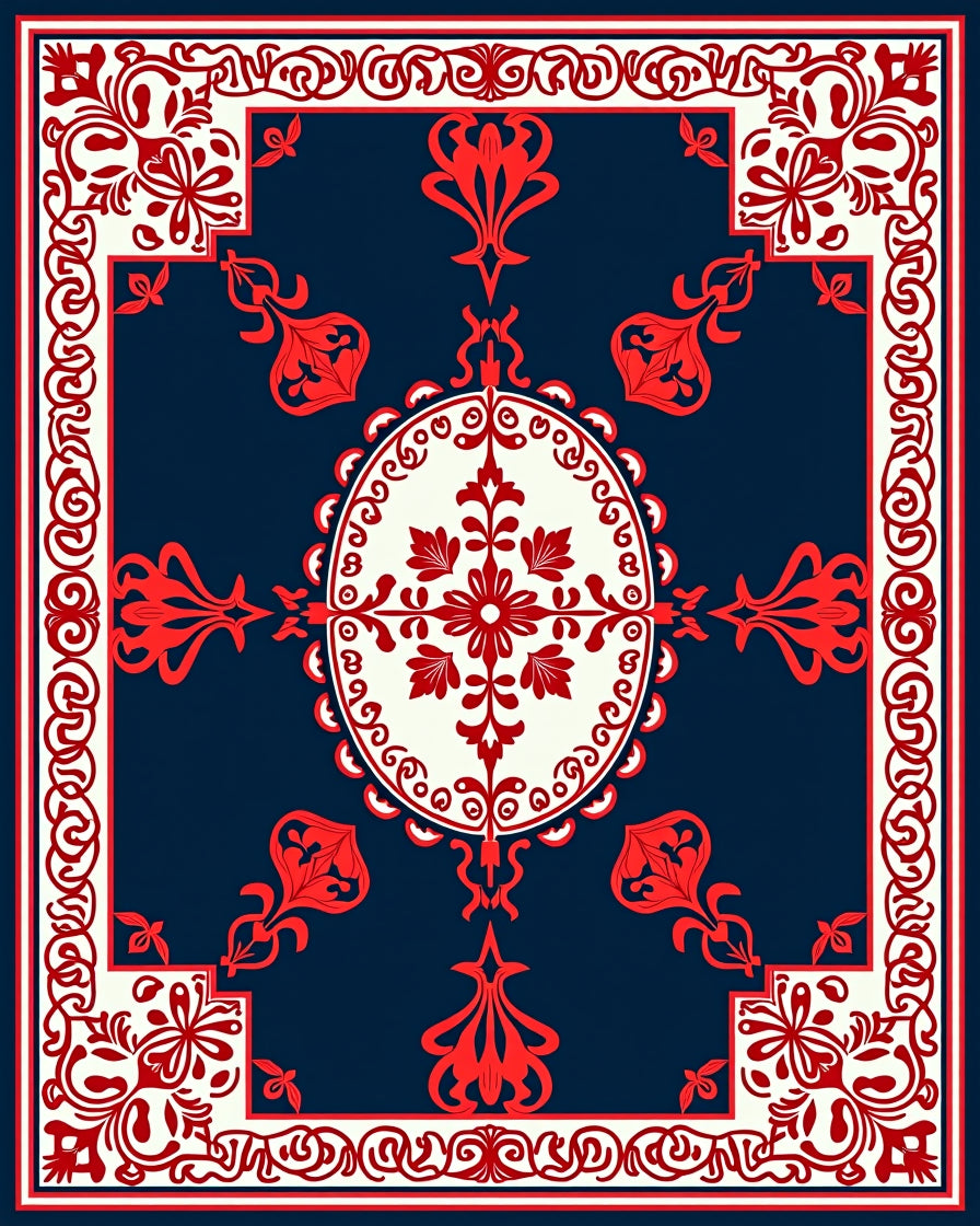 Ornate Red Floral Symmetrical Design Rug