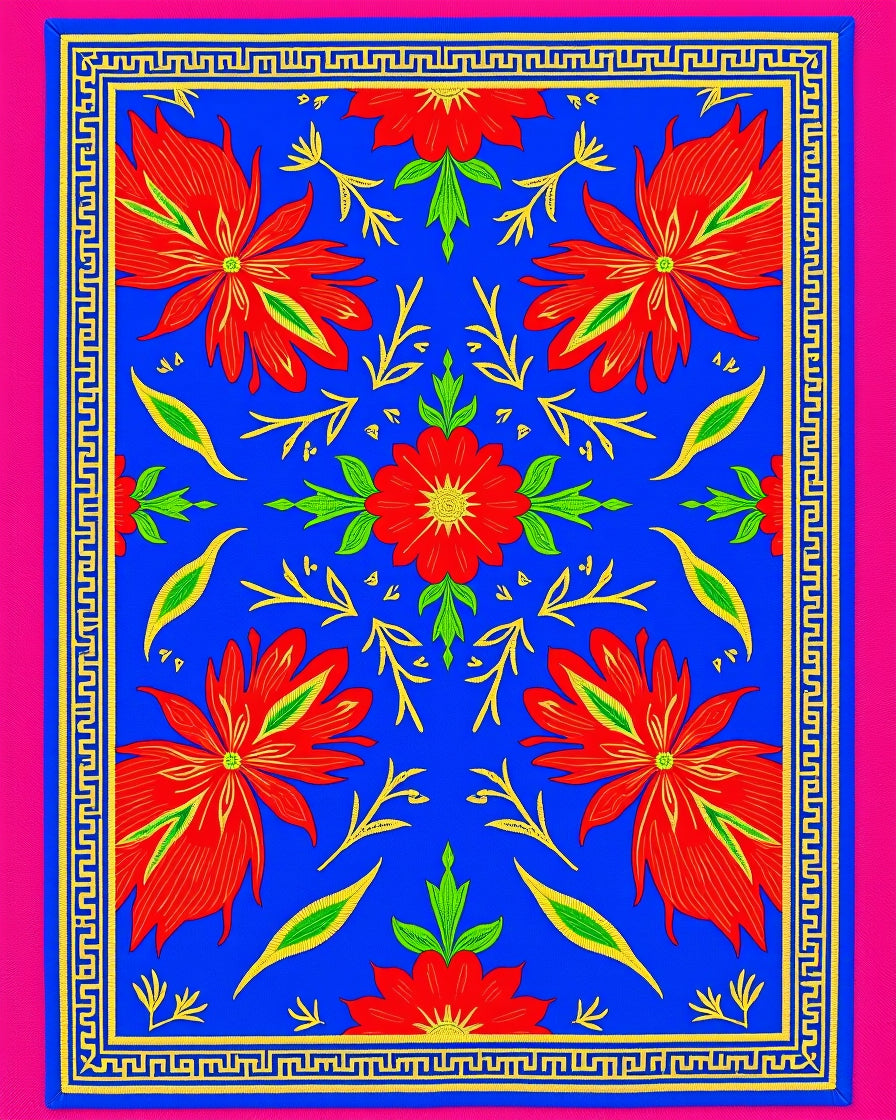 Vibrant Red Floral Blue Geometric Frame Rug