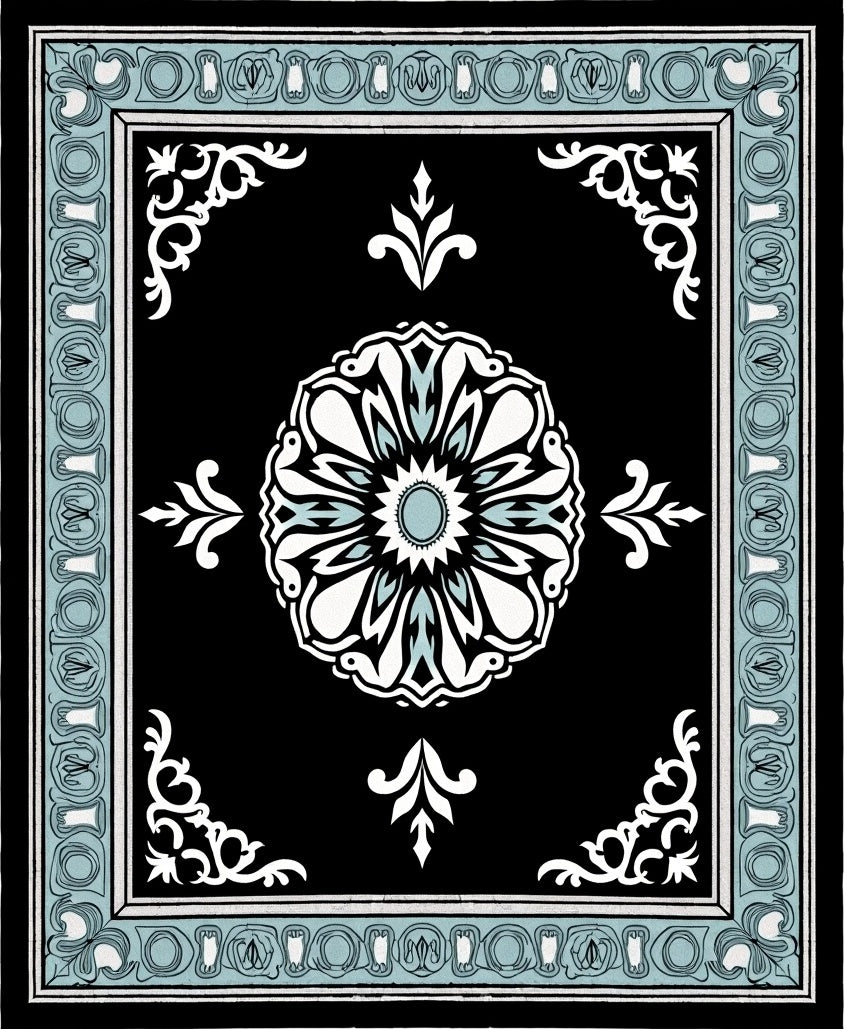 Black Floral Ornamentation With Light Blue Border Rug