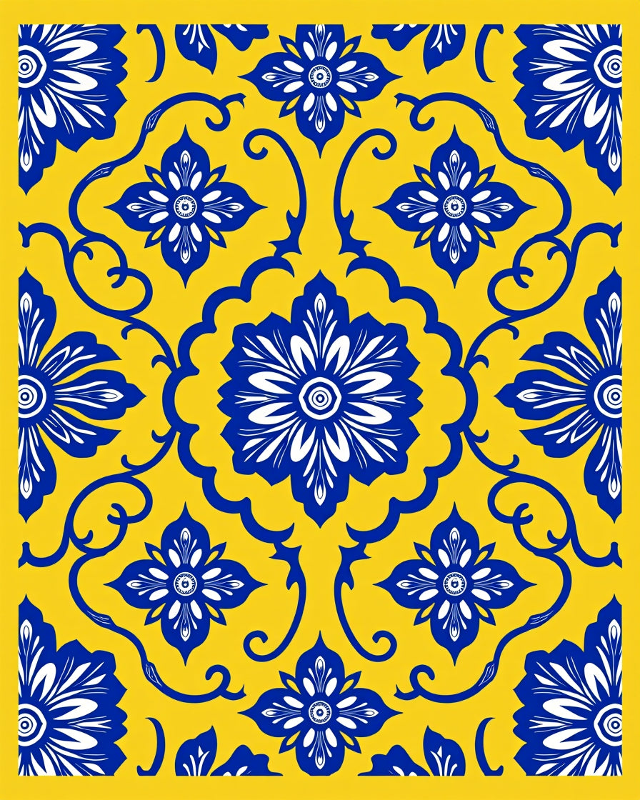 Vibrant Blue Yellow Floral Tile Pattern Rug