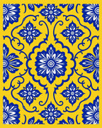 Vibrant Blue Yellow Floral Tile Pattern Rug