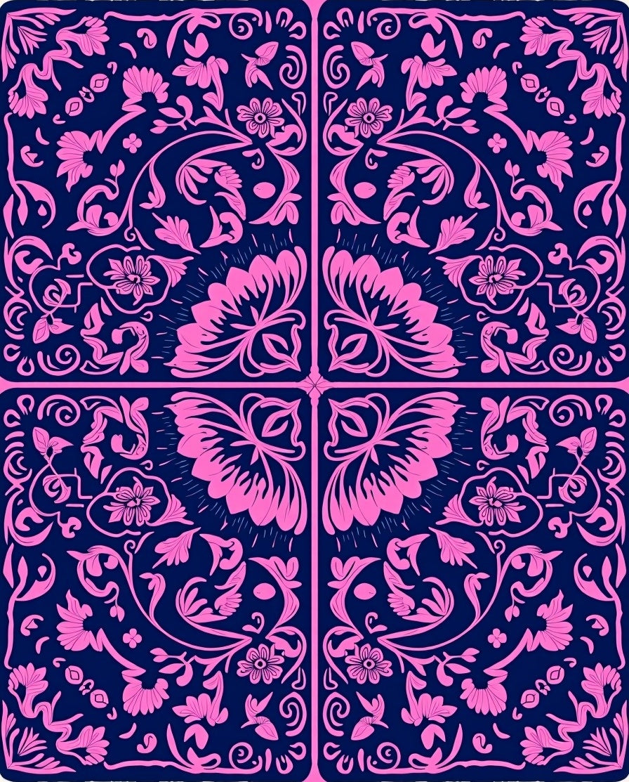 Pink Floral Vine Patterned Square Rug