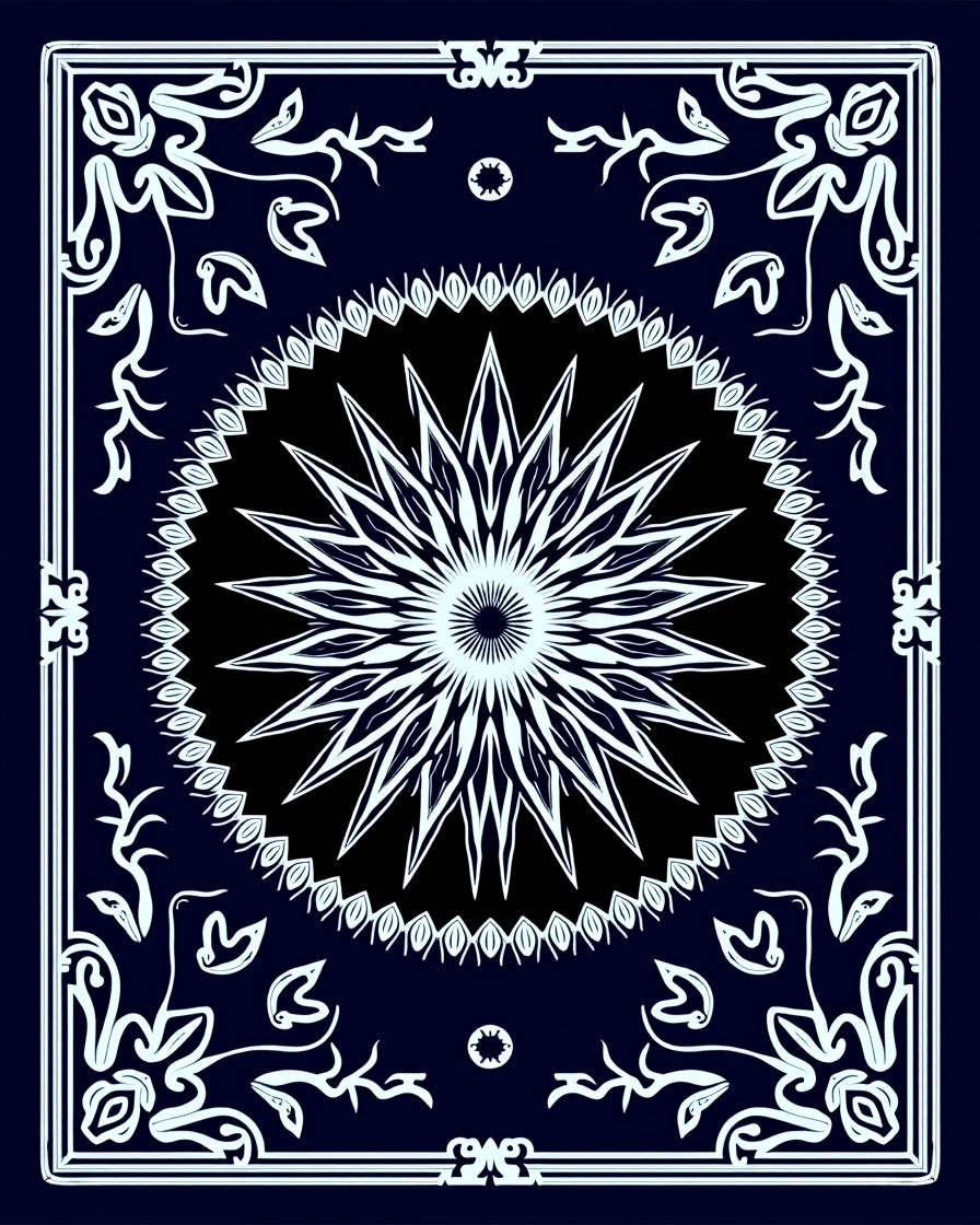 Dark Blue Floral Starburst Mandala Rug