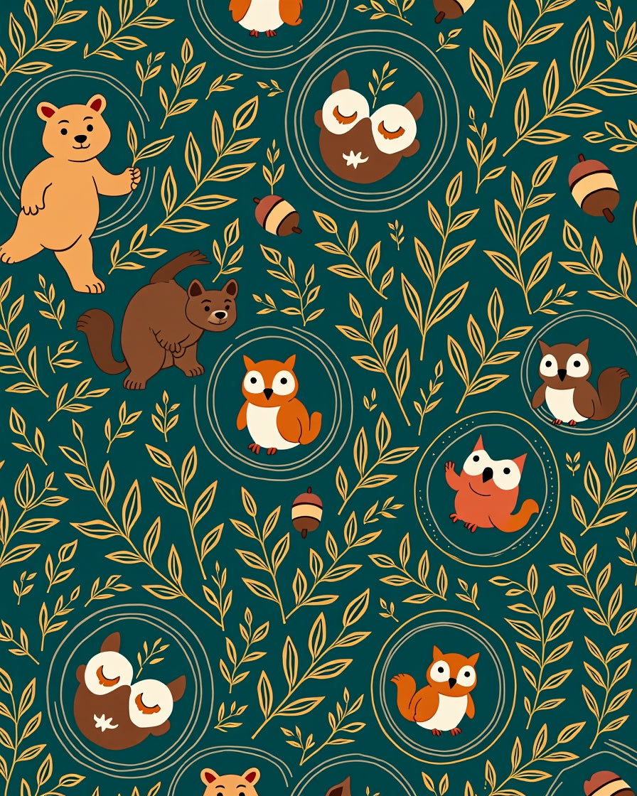Forest Animals Golden Foliage Pattern Rug