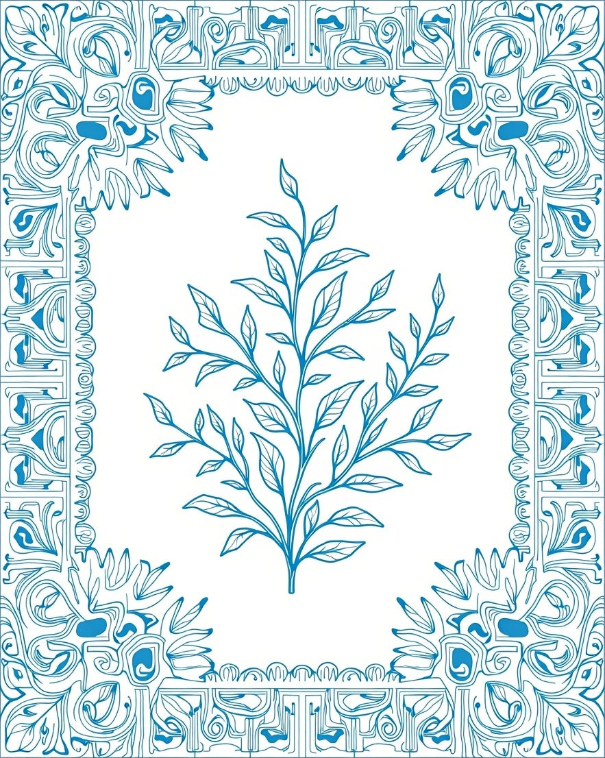 Leafy Branch Blue Decorative Border Design Rug