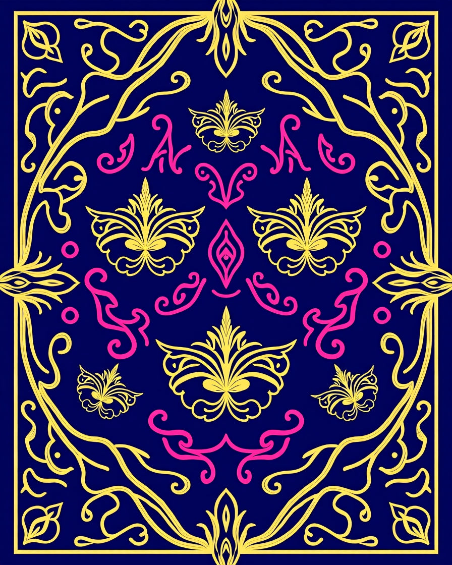 Ornate Floral Pattern with Gold and Pink on Navy Rug