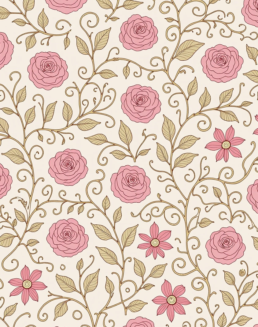 Pink Rose Floral Vine Pattern Rug