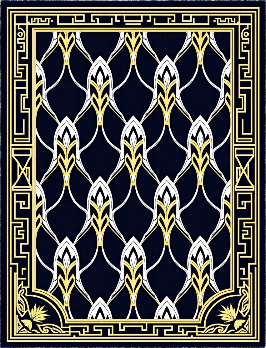 Elegant Navy White Yellow Patterned Rug