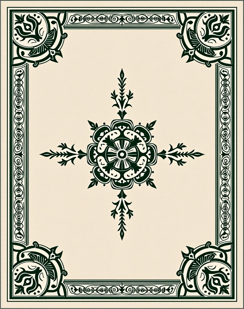 Dark Green Ornamental Floral Style Rug