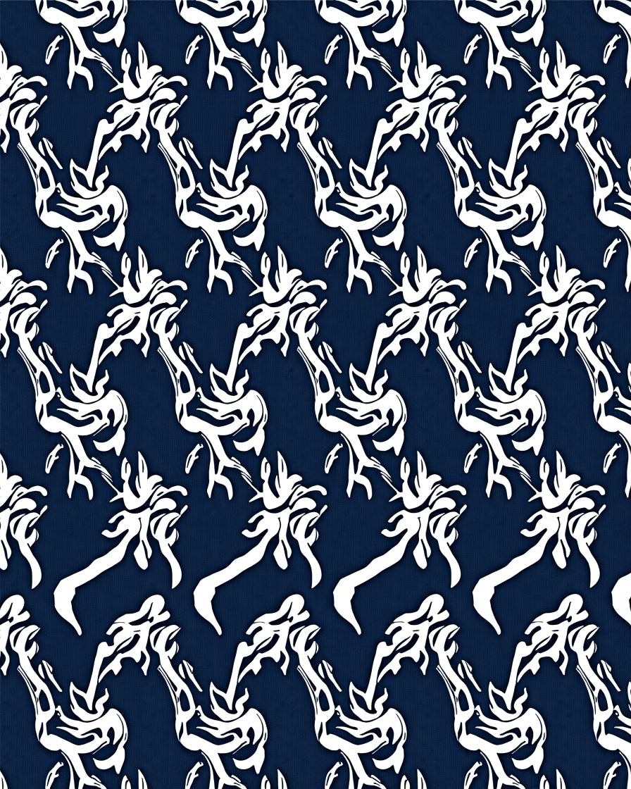White Abstract Swirls On Navy Rug