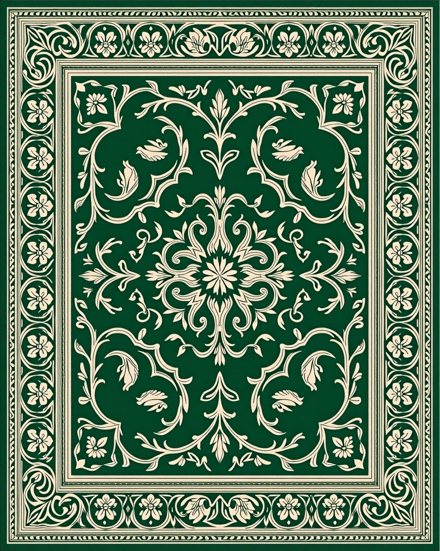 Classic Floral Scrollwork Green Rug