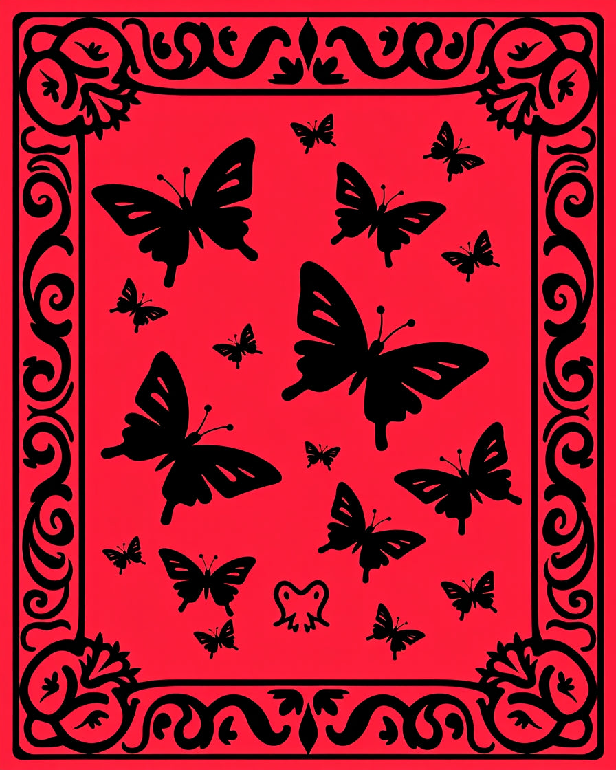 Black Butterfly Patterned Red Rug