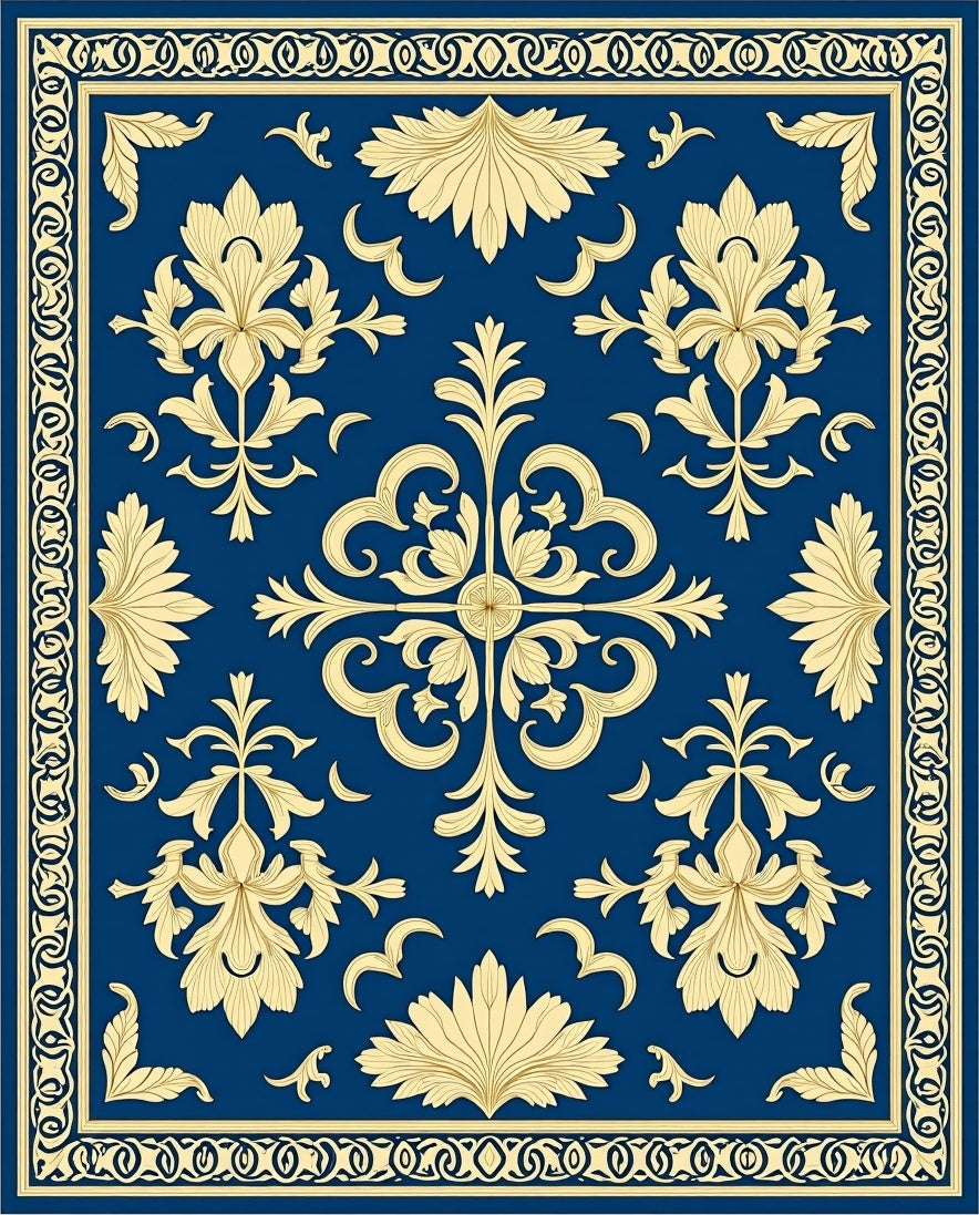 Classic Blue Gold Floral Damask Rug