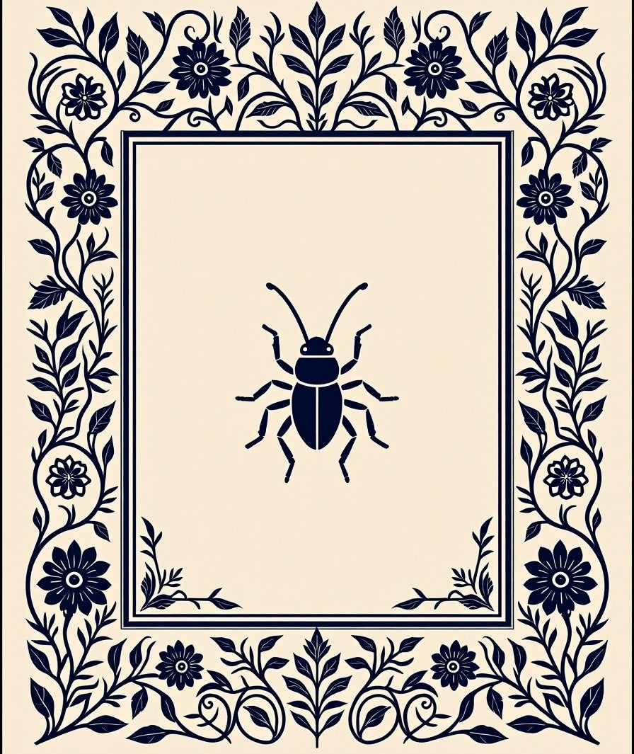 Dark Floral Insect Border Design Rug