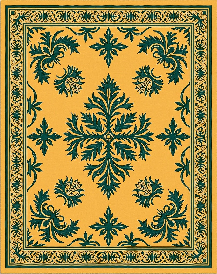 Golden Yellow Teal Floral Scroll Rug