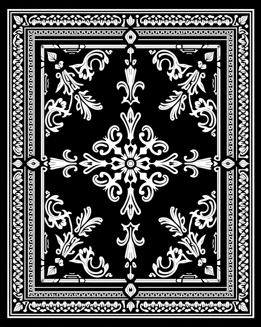 Classic Black White Floral Scroll Pattern Rug