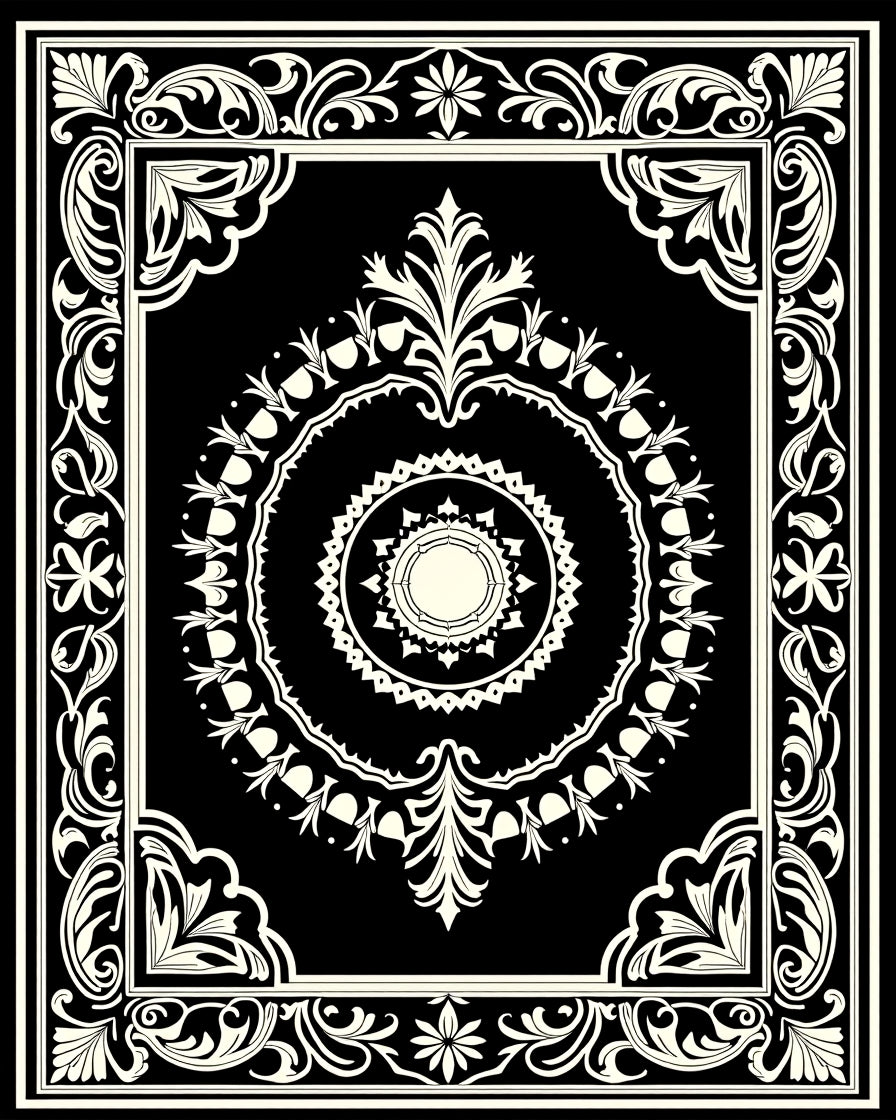 Ornate Black Ivory Scroll Border Pattern Rug
