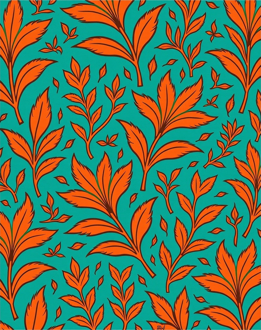Vibrant Orange Leaf Pattern Rug