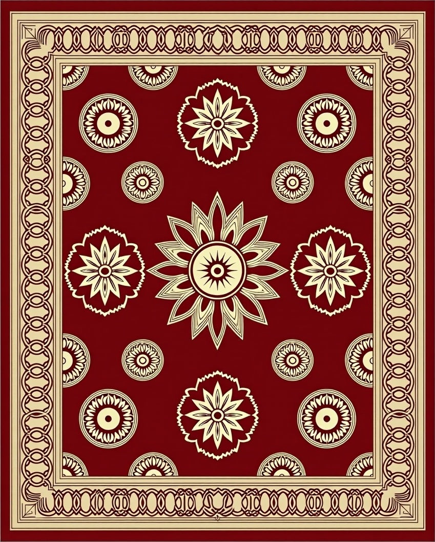 Floral Medallion Patterned Red Rug
