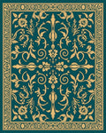 Ornate Gold Teal Damask Pattern Rug