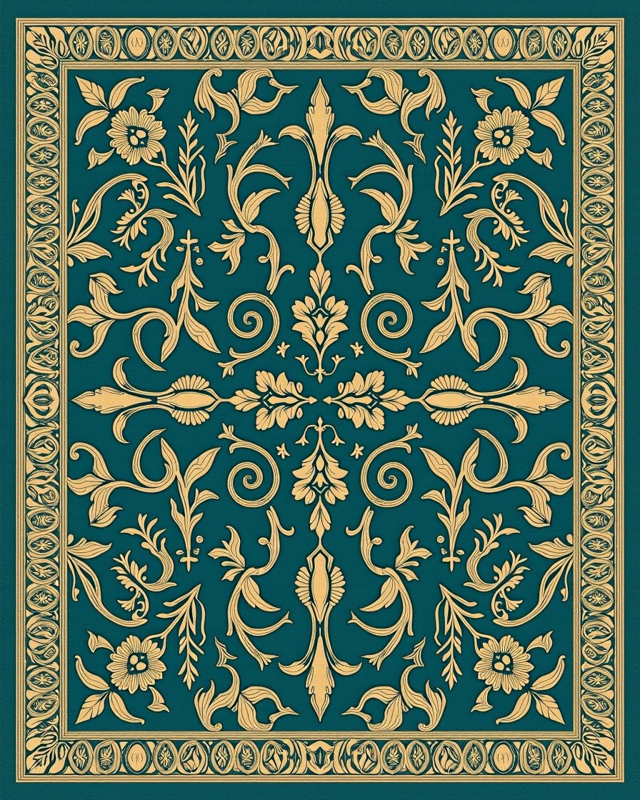 Ornate Gold Teal Damask Pattern Rug
