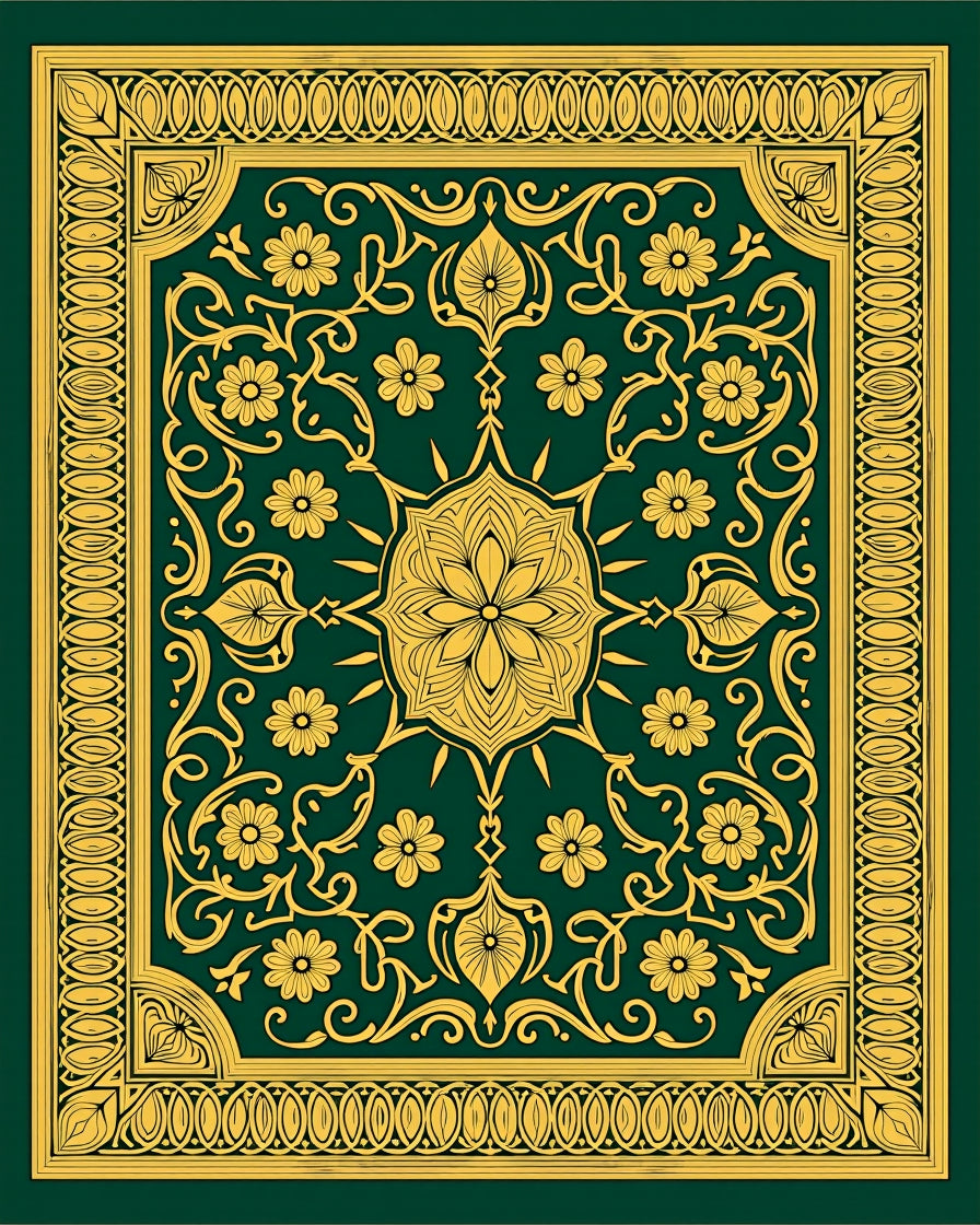 Golden Floral Medallion Border Pattern Rug