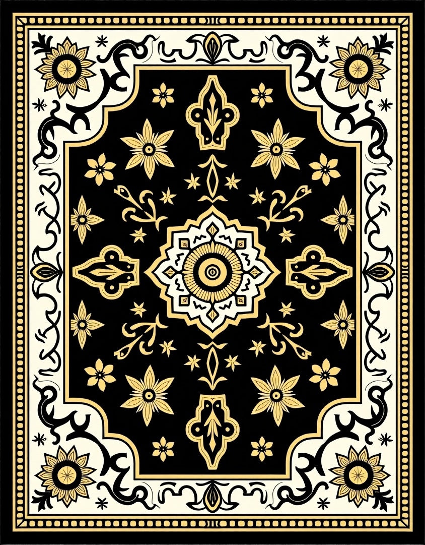 Classic Black and Gold Floral Motif Rug