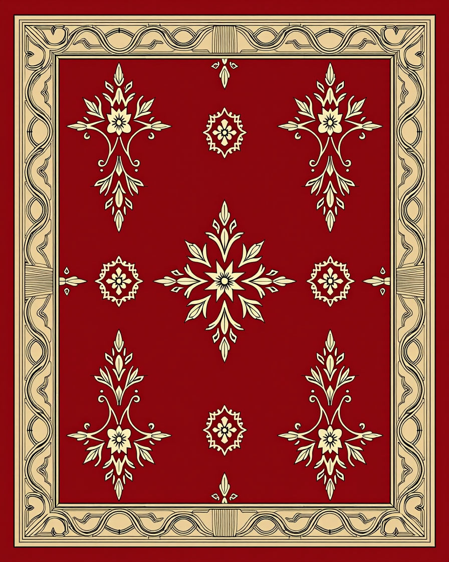 Red Floral Medallion Cream Border Rug