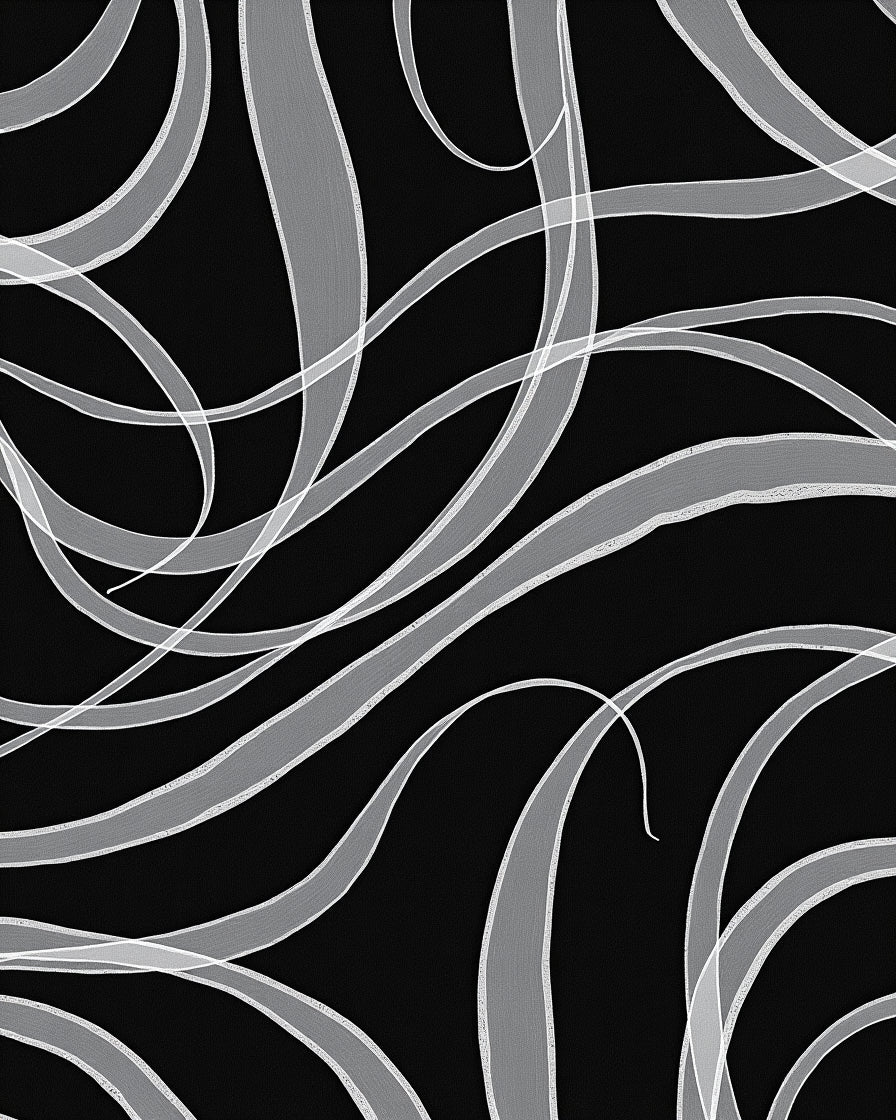 Black White Abstract Swirl Ribbons Rug
