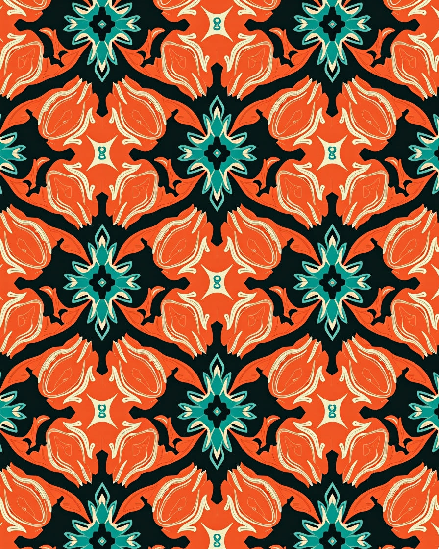 Ornate Teal Orange Floral Pattern Rug