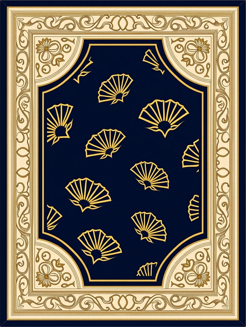 Golden Fans on Navy Traditional Design Rug