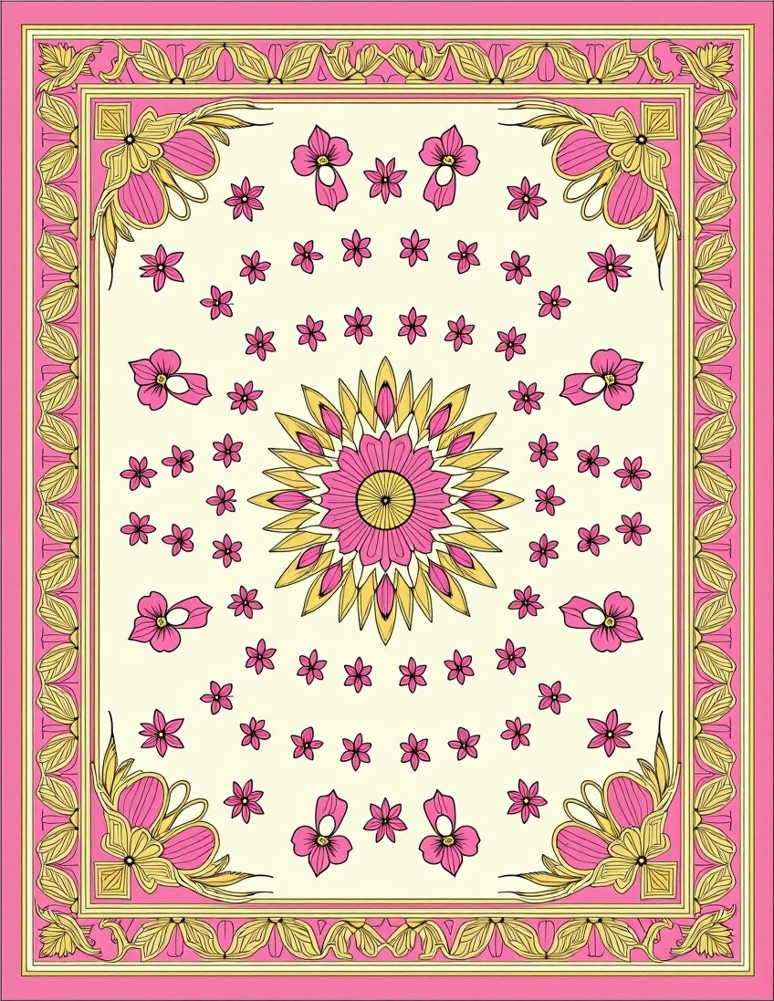 Pink Gold Floral Medallion Pattern Rug
