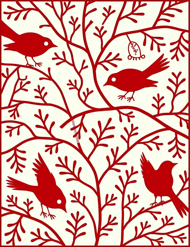 Red Birds Branches Decorative Accent Rug