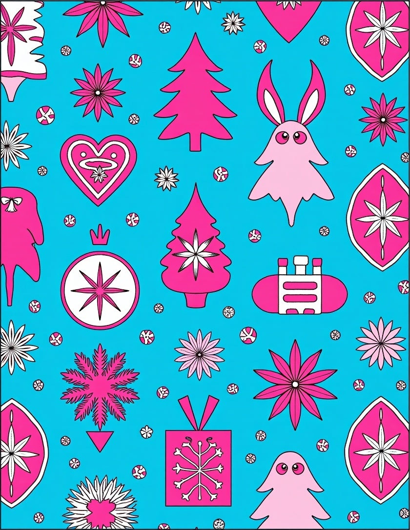 Bright Pink Festive Christmas Elements on Blue Rug
