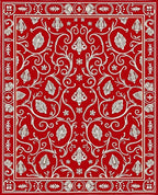 Vibrant Red White Floral Vine Scroll Rug