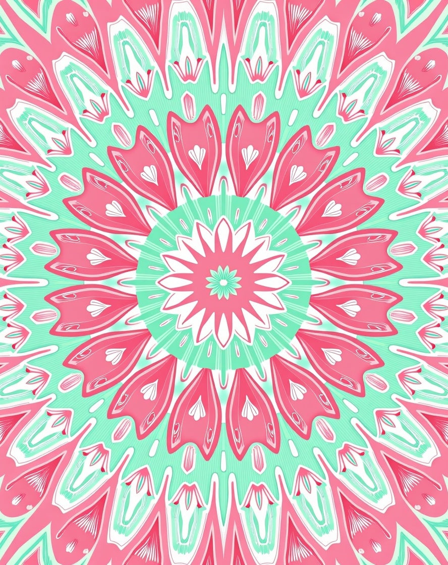 Vibrant Pink Teal Radial Floral Pattern Rug
