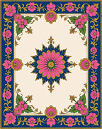 Ornate Floral Border Indigo Design Rug