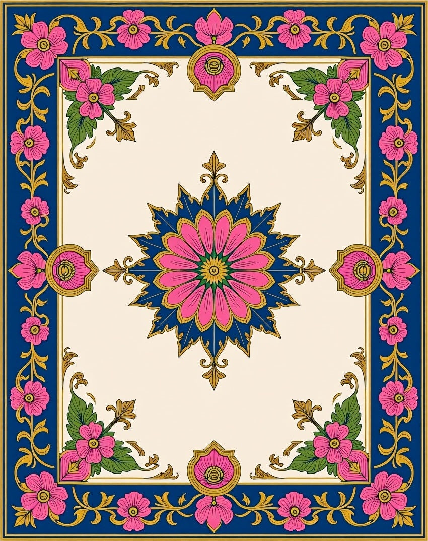 Ornate Floral Border Indigo Design Rug