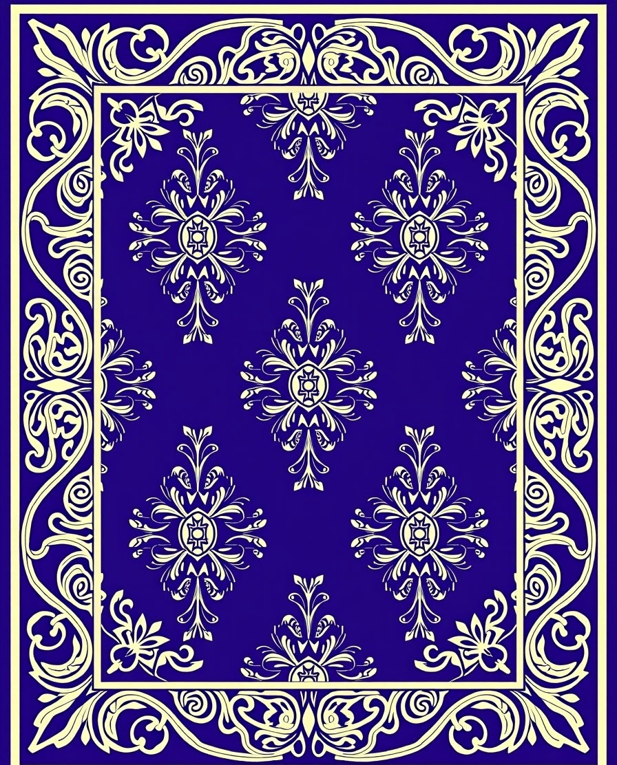 Royal Blue Ivory Floral Medallion Rug