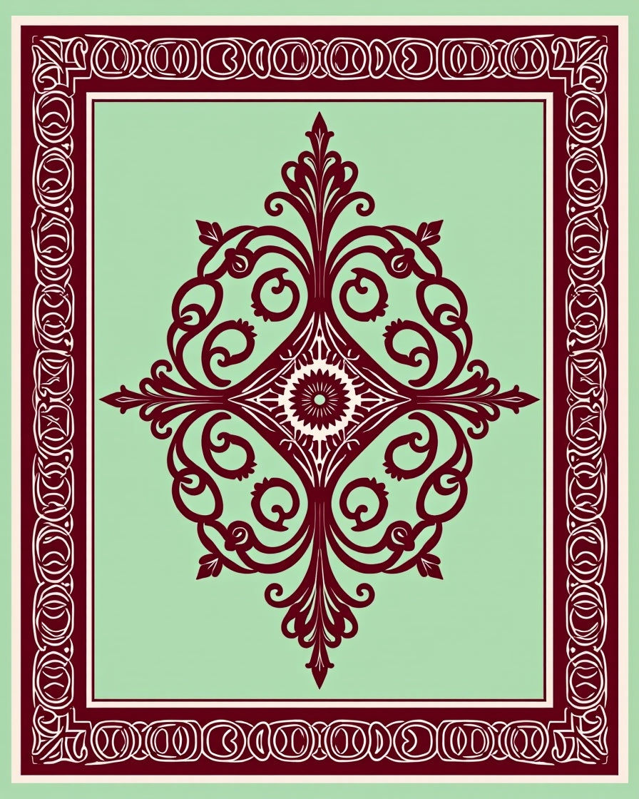 Maroon Pale Green Ornate Floral Design Rug