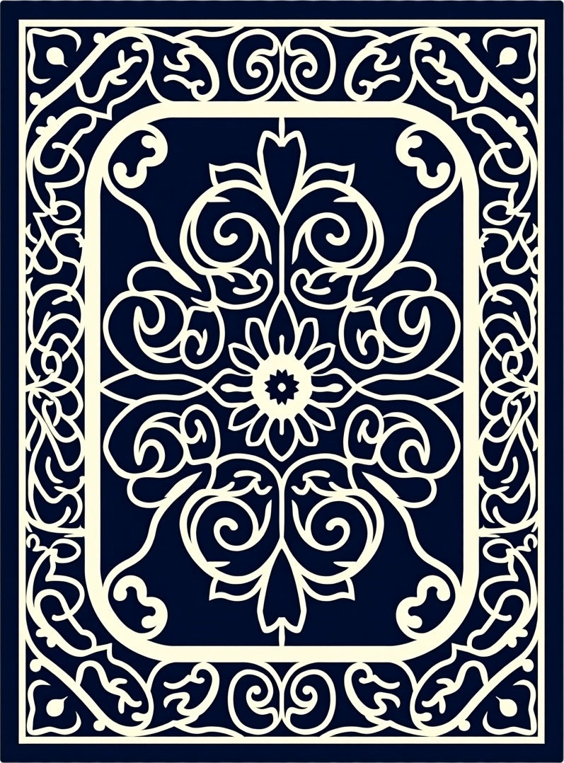 Ornate Navy White Floral Scroll Rug