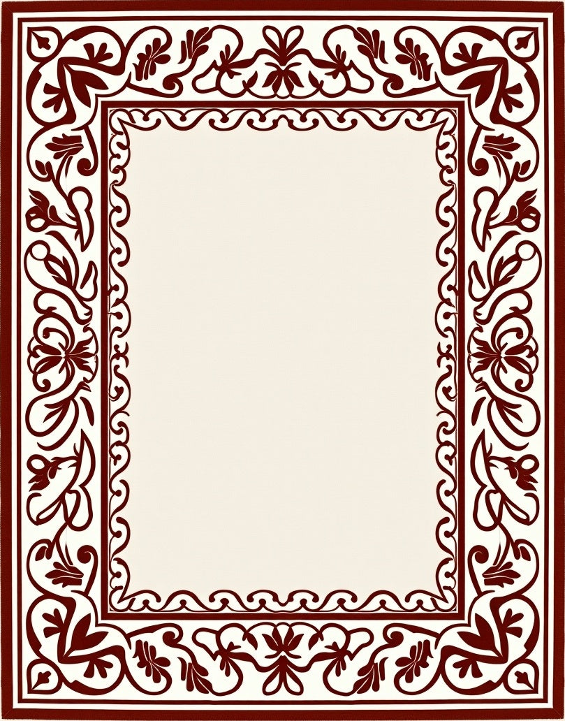 Elegant Cream and Burgundy Floral Border Rug